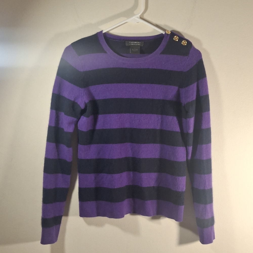 Bloomingdale's Purple & Black Striped Crew Neck Cashmere Sweater Size S
